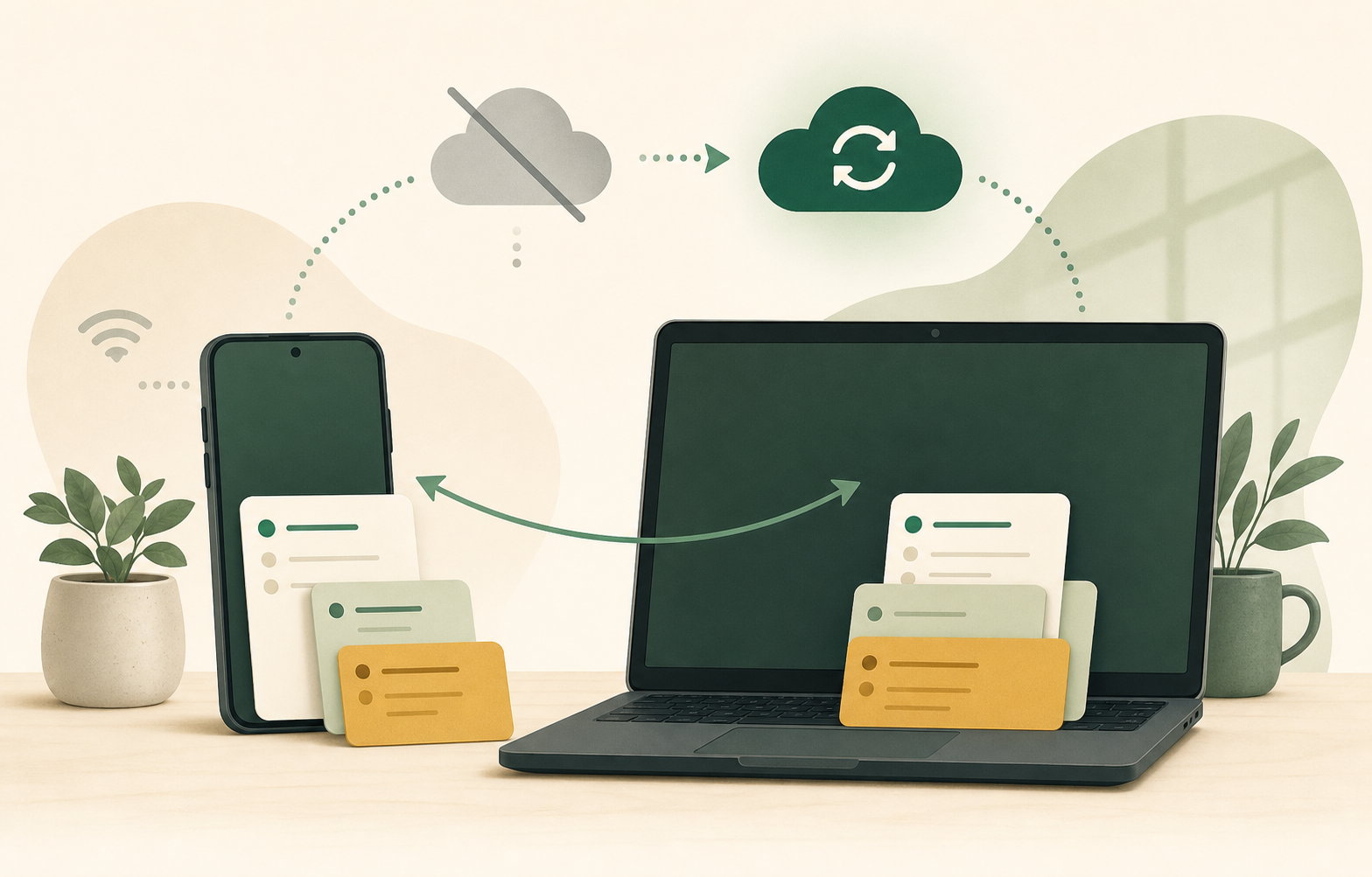 Illustrated Android phone and laptop showing offline planning that syncs when reconnected.