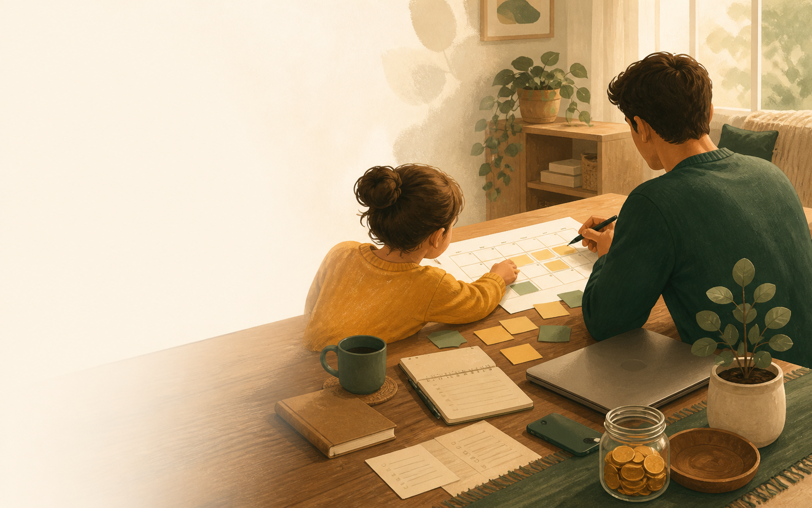 Illustrated household task board showing chores assigned to different family members.